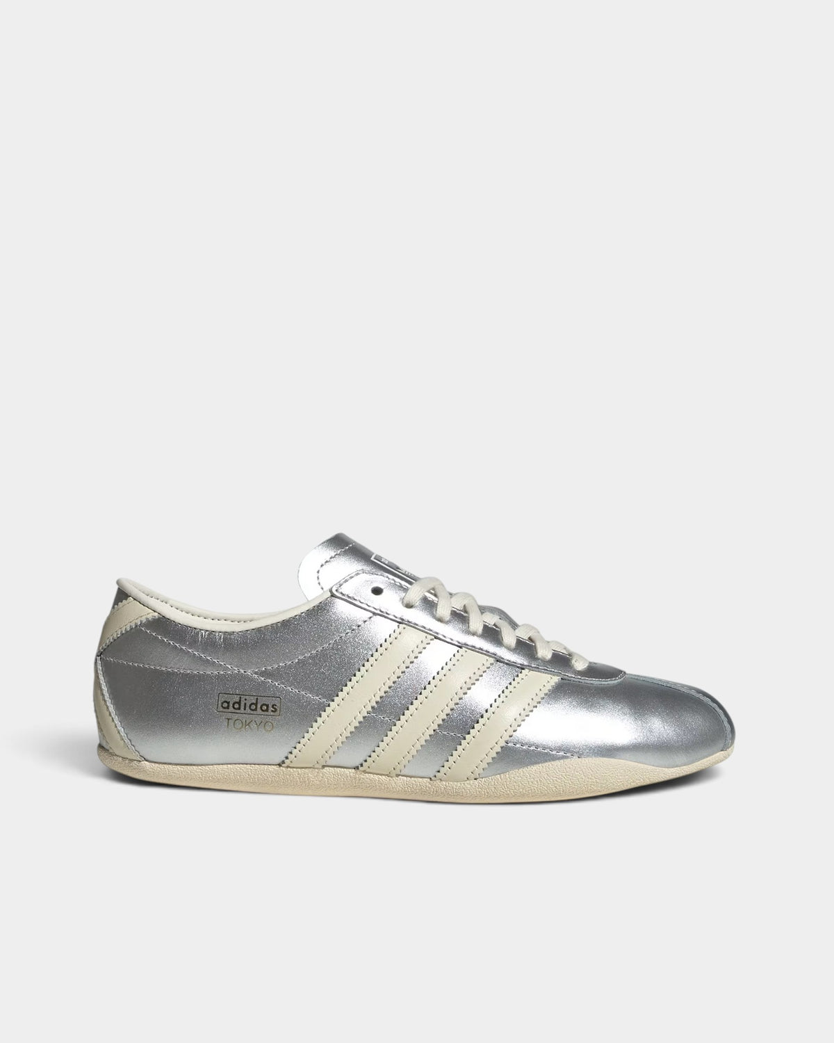 Lockwood Avenue adidas Tokyo women's silver metallic nylon and suede terrace sneakers with cream white stripes