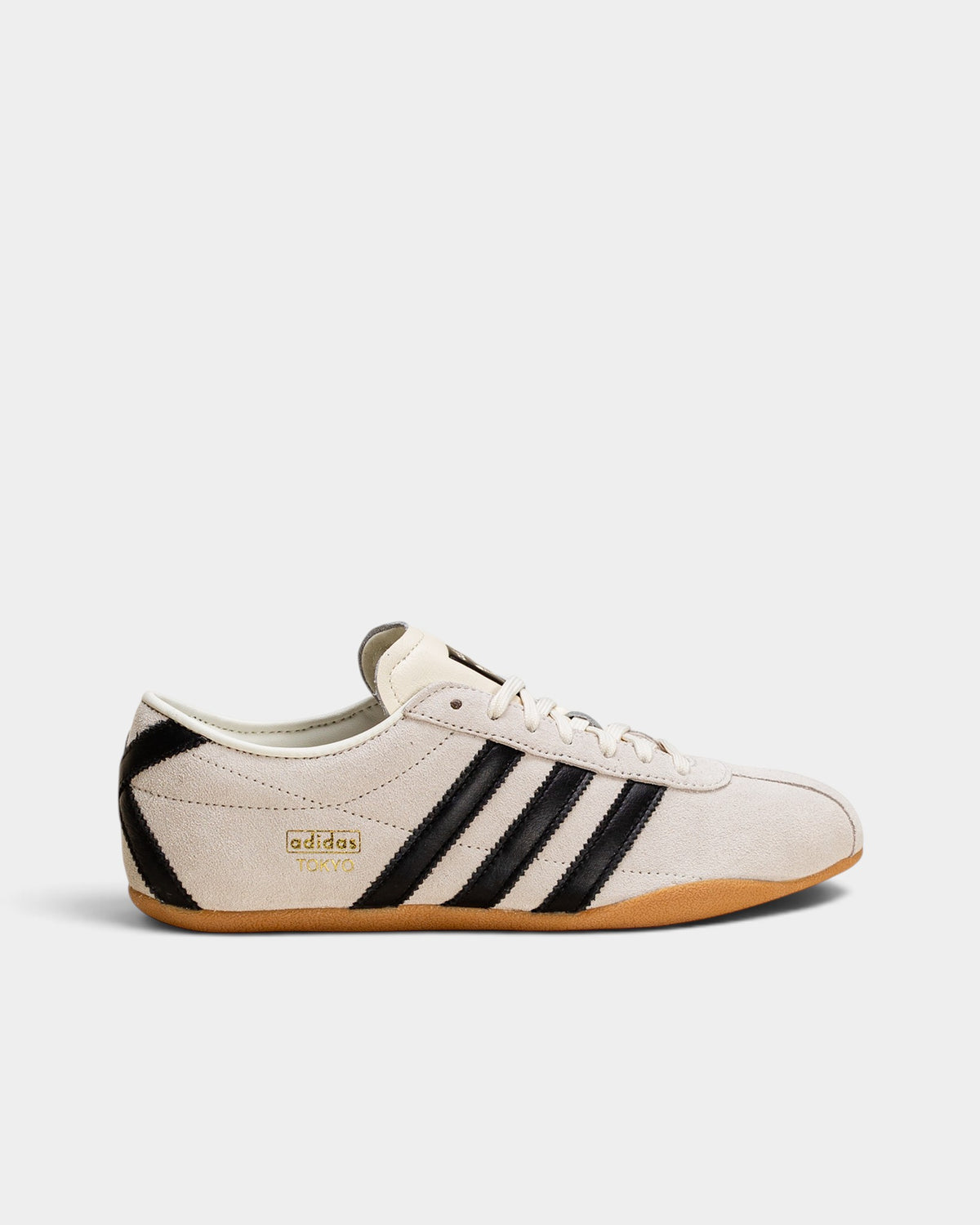 Lockwood Avenue adidas Tokyo women's off-white suede sneaker with black stripes and gold foil branding