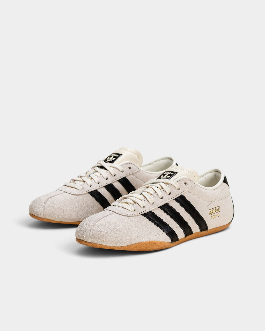Lockwood Avenue adidas Tokyo women's off-white suede sneakers with black stripes and gold foil branding