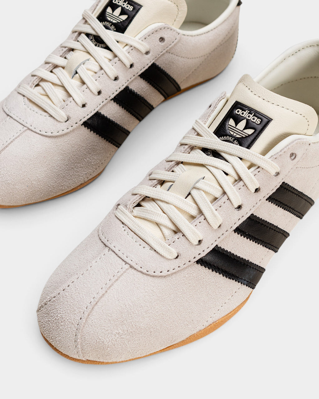 Lockwood Avenue adidas Tokyo W women's off-white suede sneakers with black stripes and gold branding