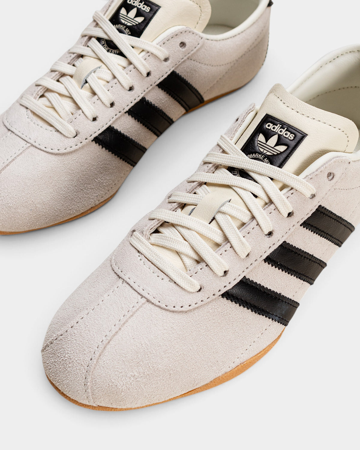 Lockwood Avenue adidas Tokyo W women's off-white suede sneakers with black stripes and gold branding