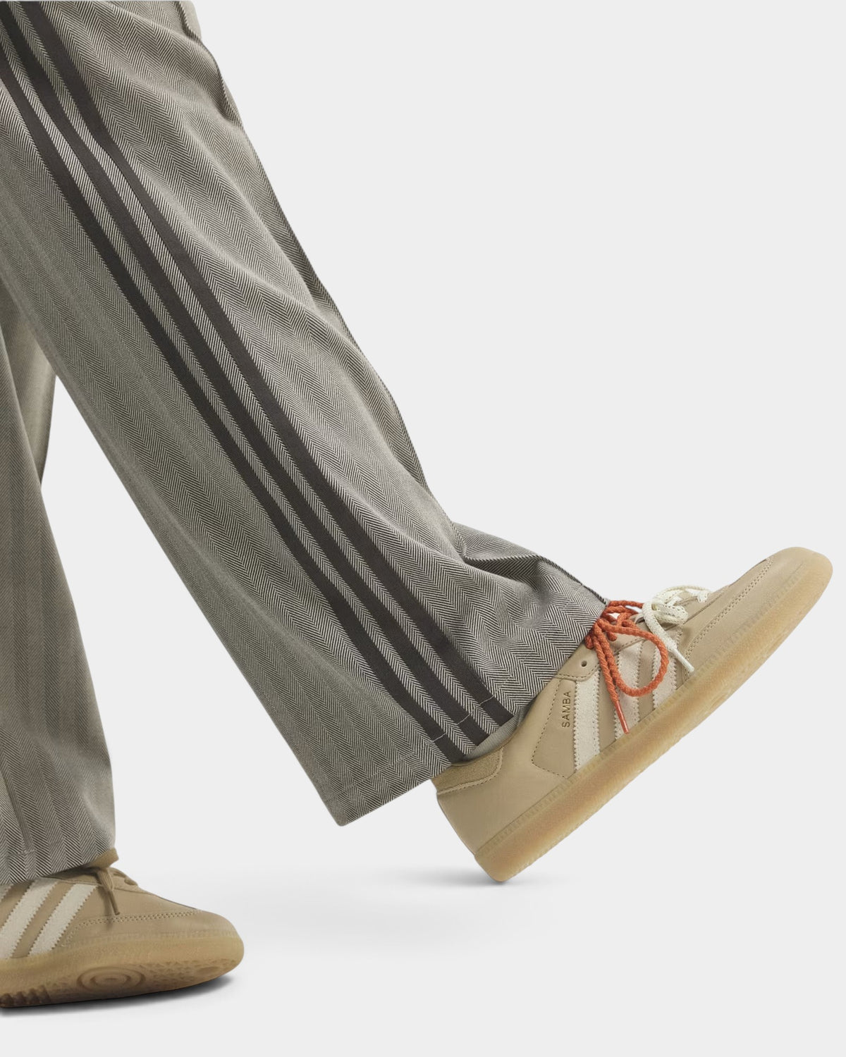 Lockwood Avenue adidas OG tweed track pants in grey herringbone knit with signature side stripes and beige trainers
