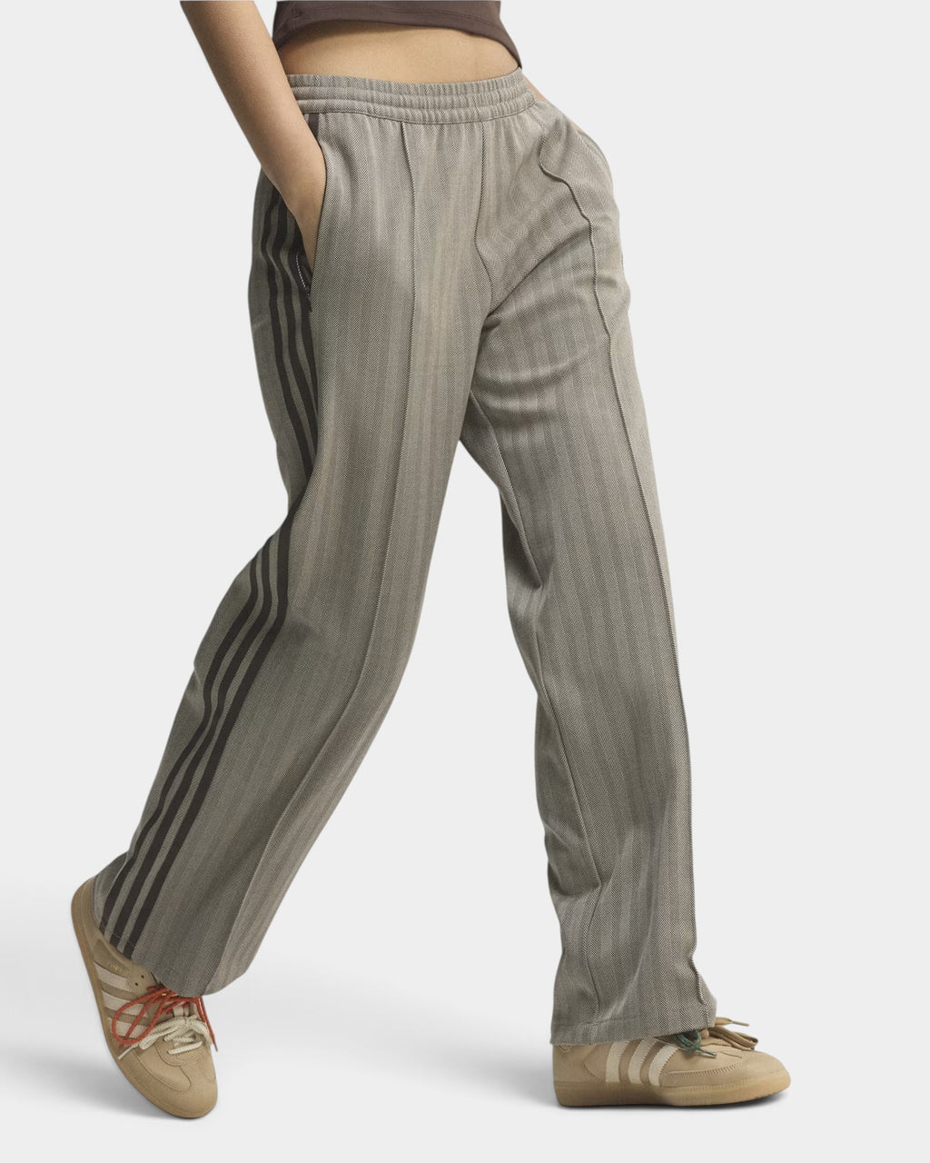Lockwood Avenue adidas OG tweed track pants in grey herringbone knit with side stripes worn by a model
