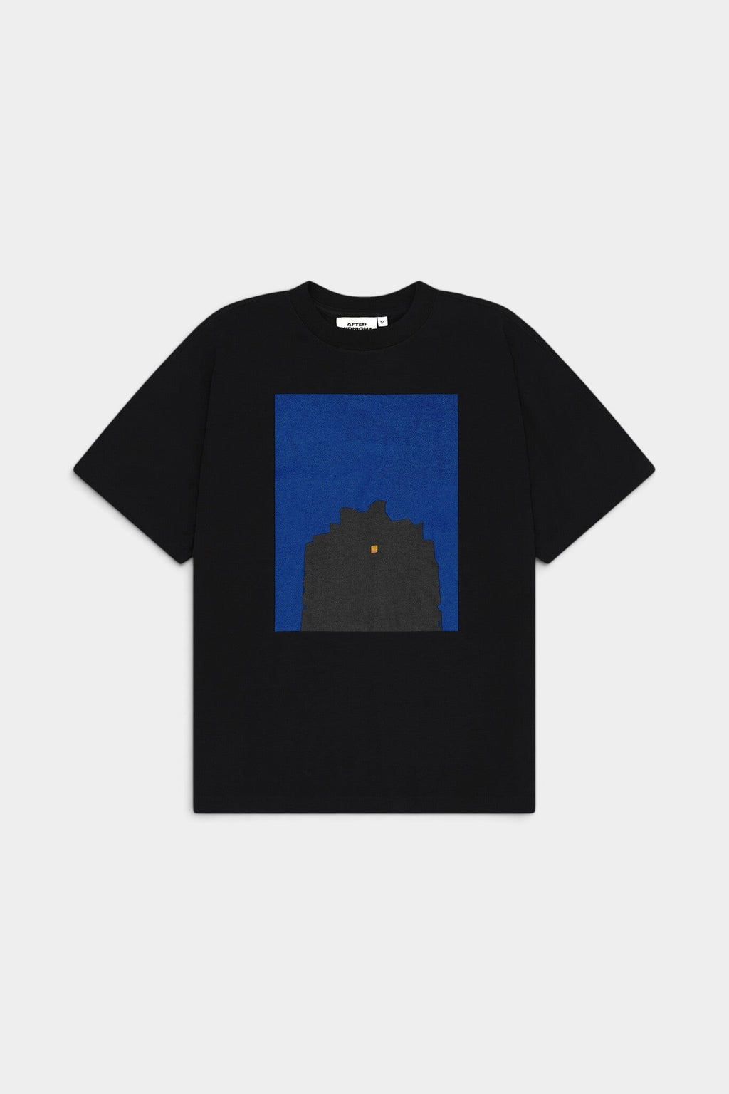 Lockwood Avenue After Midnight heavyweight black streetwear t-shirt with a cinematic blue night building graphic print