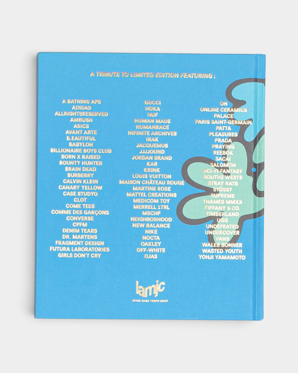 Back cover of Lockwood Avenue All Gone 2022 Visty book featuring a list of brands in gold foil on a blue background