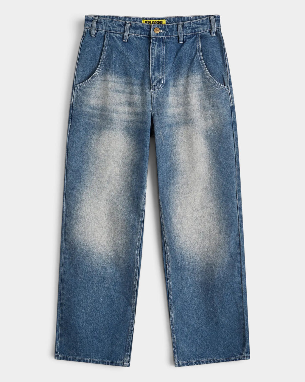 Lockwood Avenue Butter Goods Alpine relaxed fit denim jeans in a distressed faded blue wash with curved pockets.