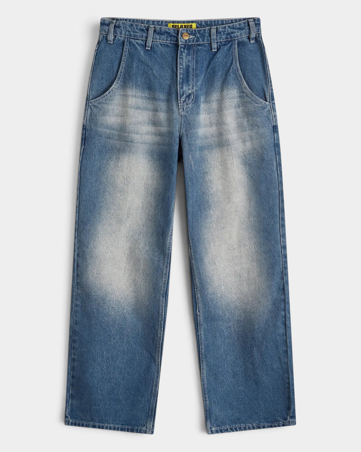 Lockwood Avenue Butter Goods Alpine relaxed fit denim jeans in a distressed faded blue wash with curved pockets.