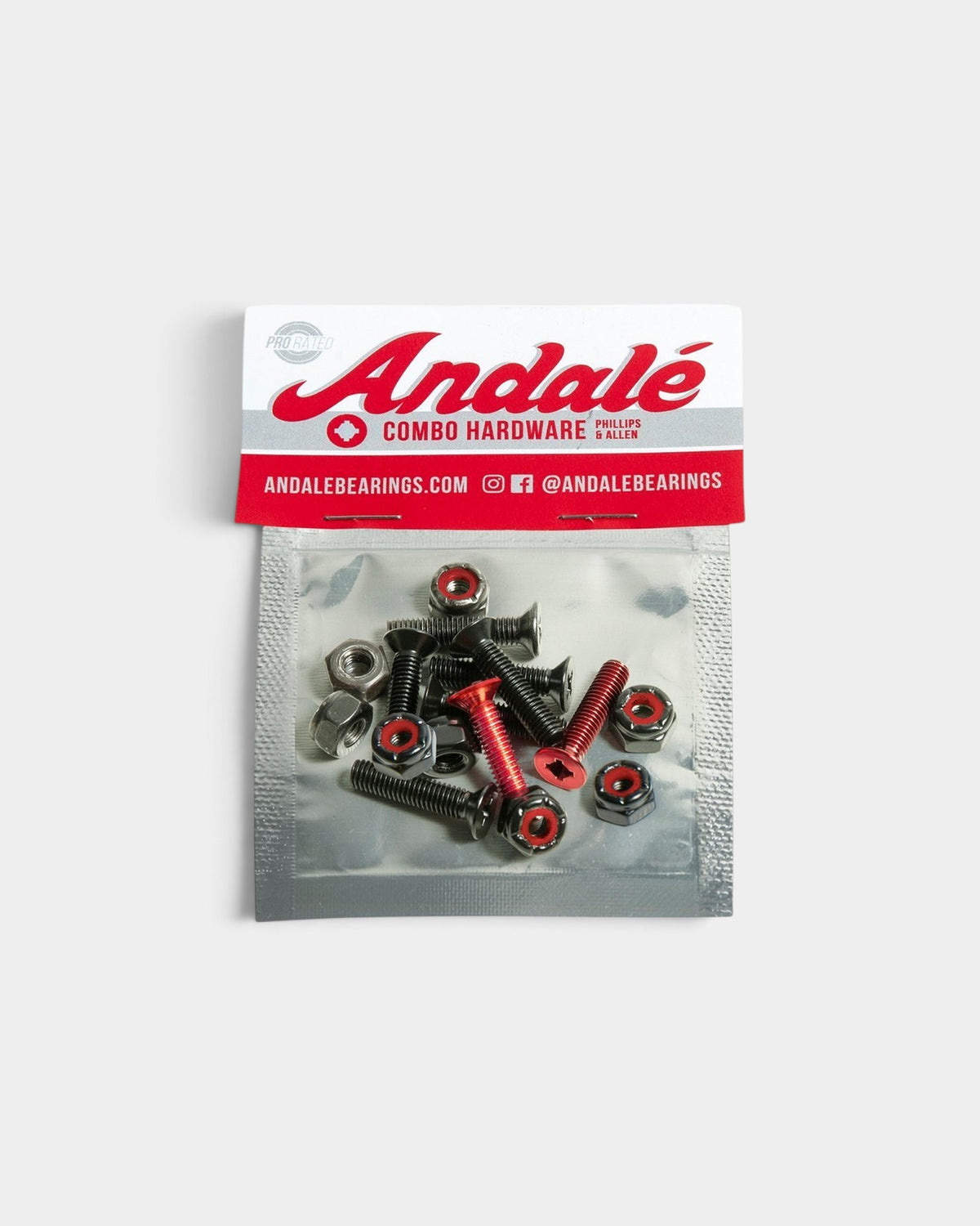Lockwood Avenue Andale combo skateboard hardware set with six black and two red bolts and nuts in packaging.