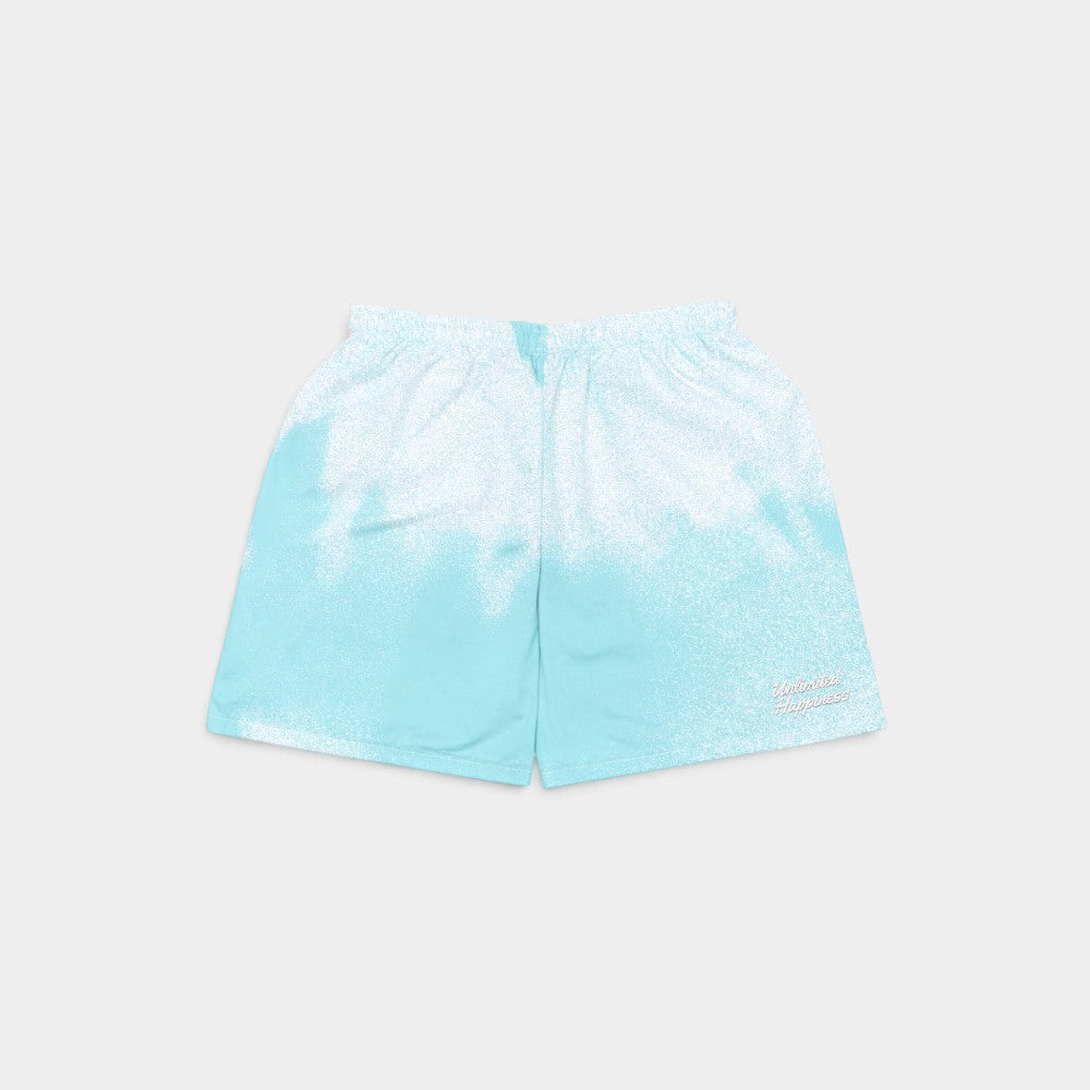 Lockwood Avenue Nowadays Magazine swim shorts in aqua and white speckled gradient print with Unlimited Happiness logo