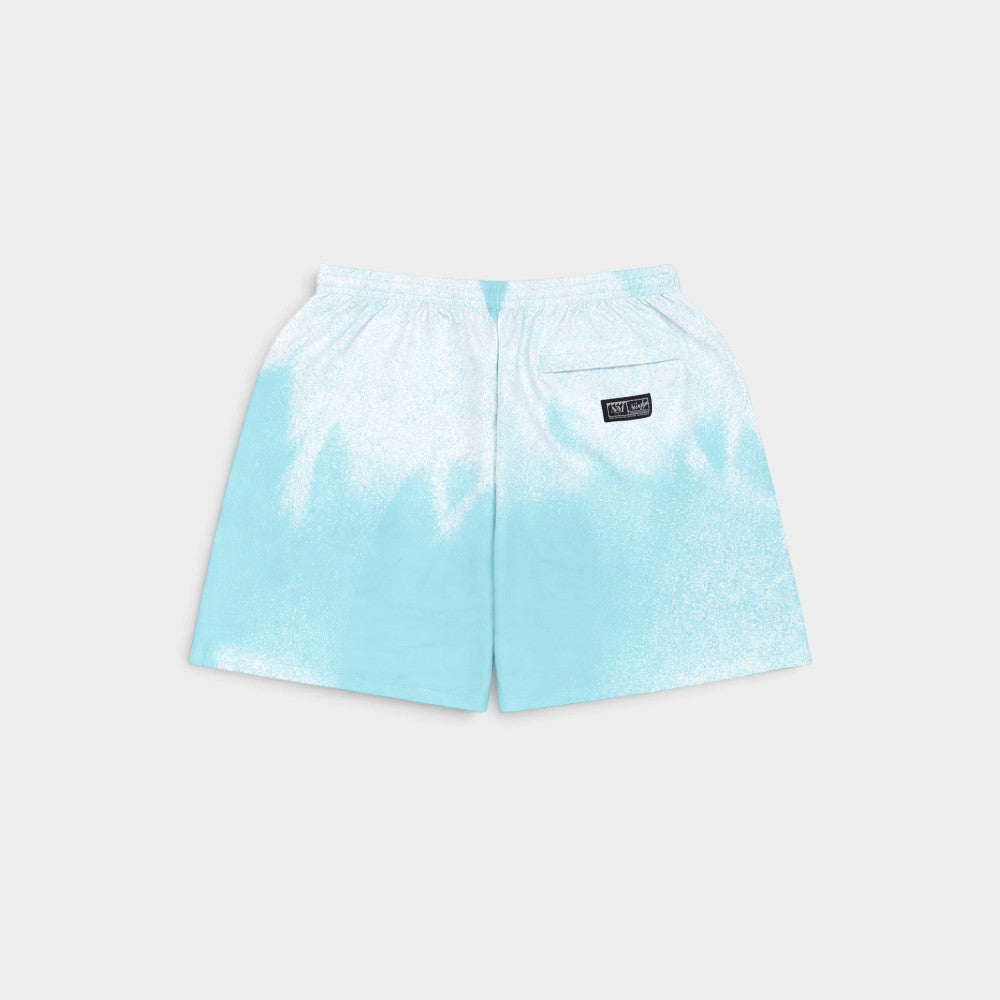 Lockwood Avenue Nowadays Magazine Unlimited Happiness swim shorts in aqua and white speckled gradient print, back view.