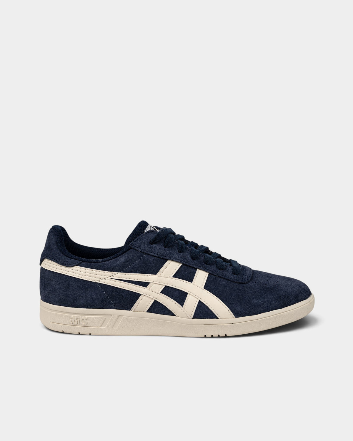 Lockwood Avenue Asics GEL-Vickka Pro skate shoes in midnight navy suede with ivory stripes and a durable cupsole.