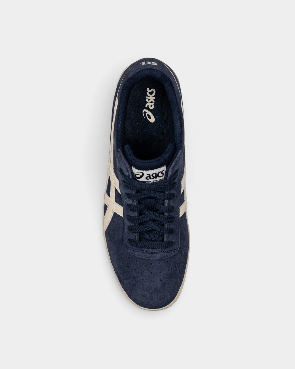 Lockwood Avenue Asics GEL-Vickka Pro skate shoes in midnight navy suede with ivory stripes and a durable cupsole.