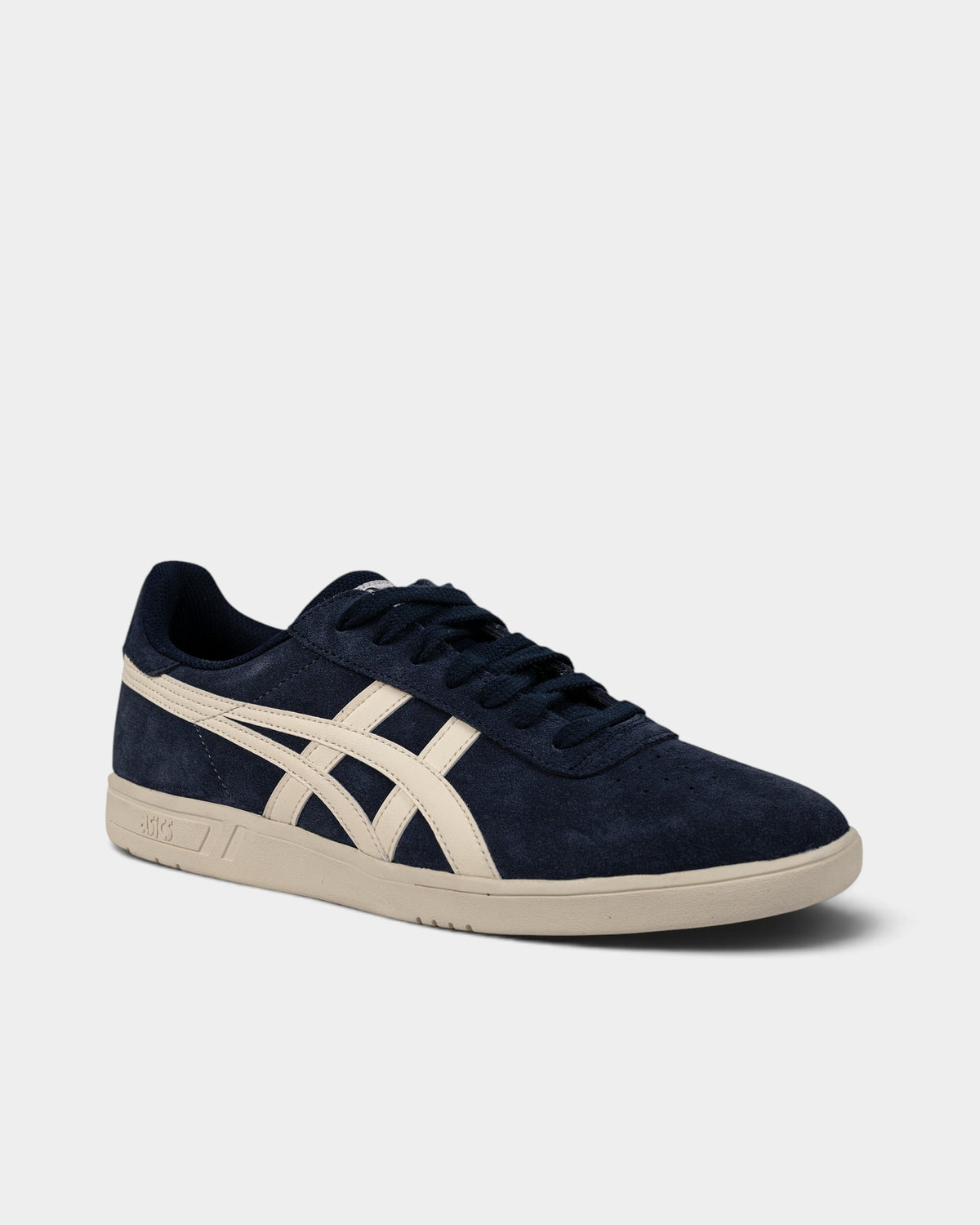 Lockwood Avenue Asics GEL-Vickka Pro skate shoes in midnight navy suede with ivory stripes and a durable cupsole.