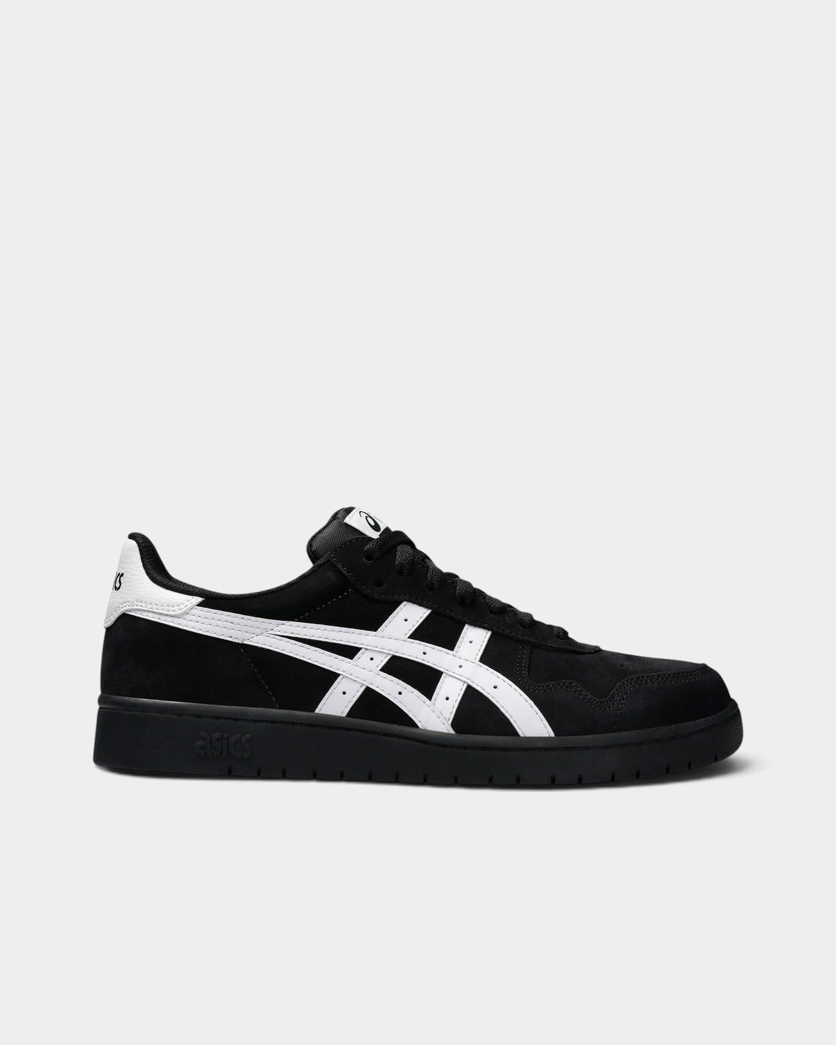 Lockwood Avenue Asics Japan Pro skateboarding shoes in black suede with white side stripes and durable stitching.