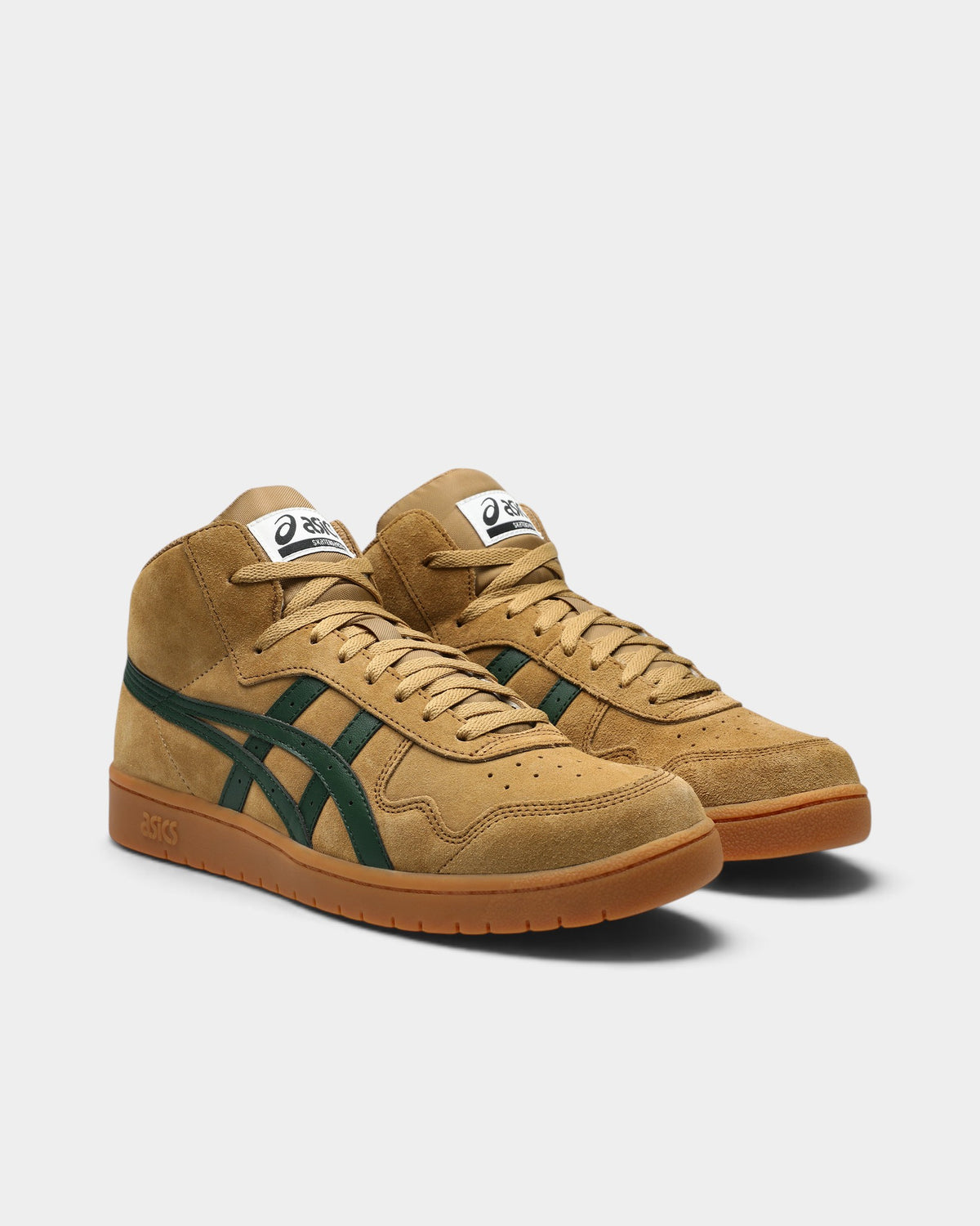 Lockwood Avenue Asics Skateboarding Japan Pro MT shoes in tan suede with green side stripes and gum rubber soles.