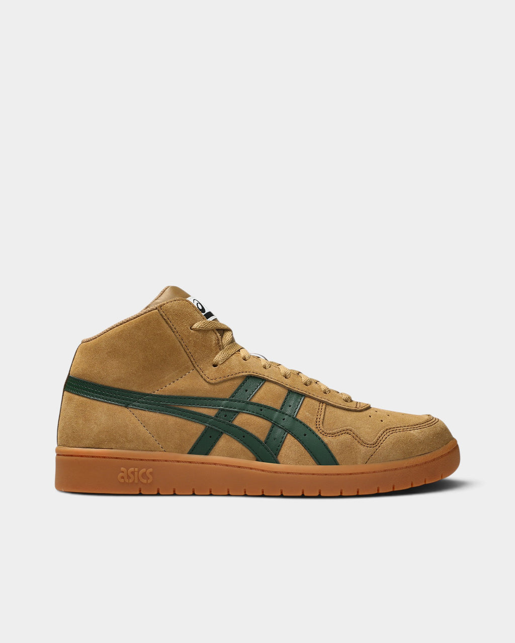 Lockwood Avenue Asics Skateboarding Japan Pro MT mid-top sneakers in tan suede with green side stripes and gum sole