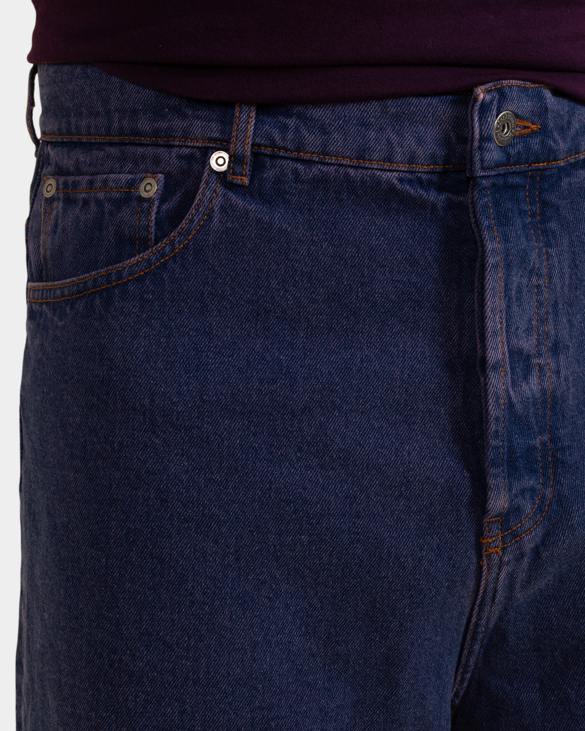 Lockwood Avenue baggy denim shorts in overdye blue cotton with button fly and engraved metal hardware