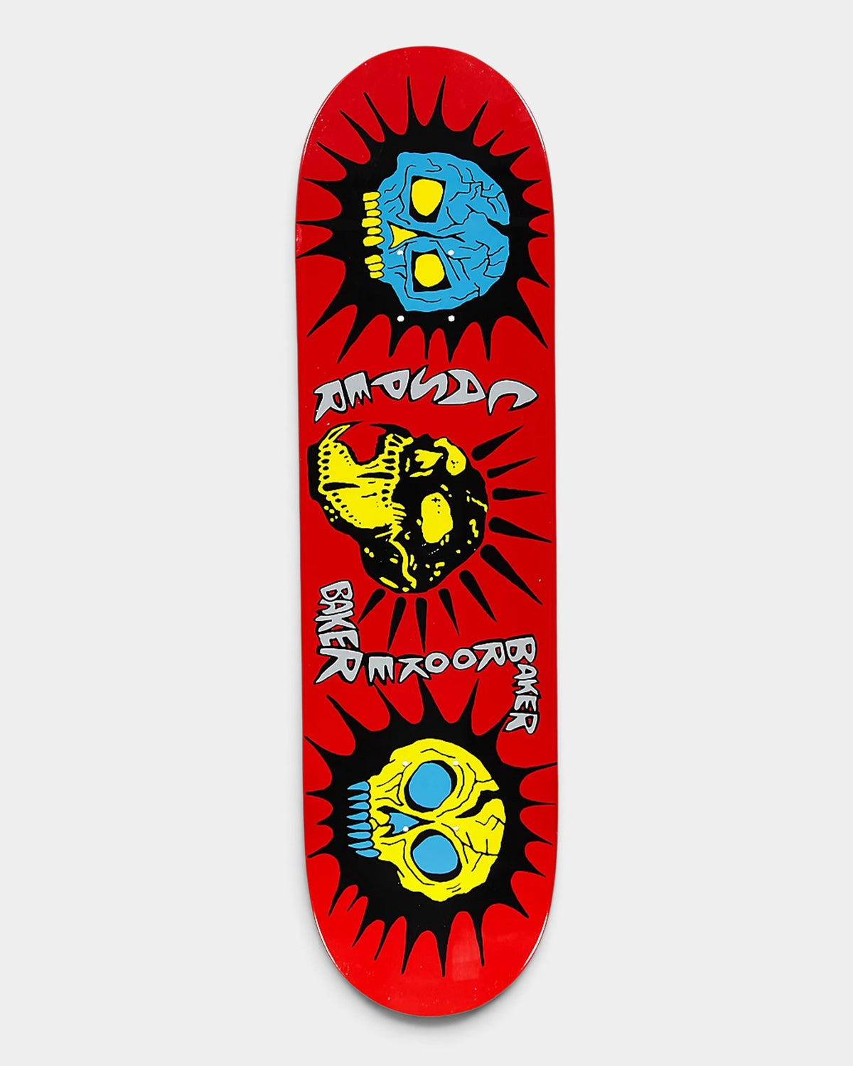 Lockwood Avenue Baker Casper Brooker 8.475 inch skateboard deck featuring a red background and three skull graphics.