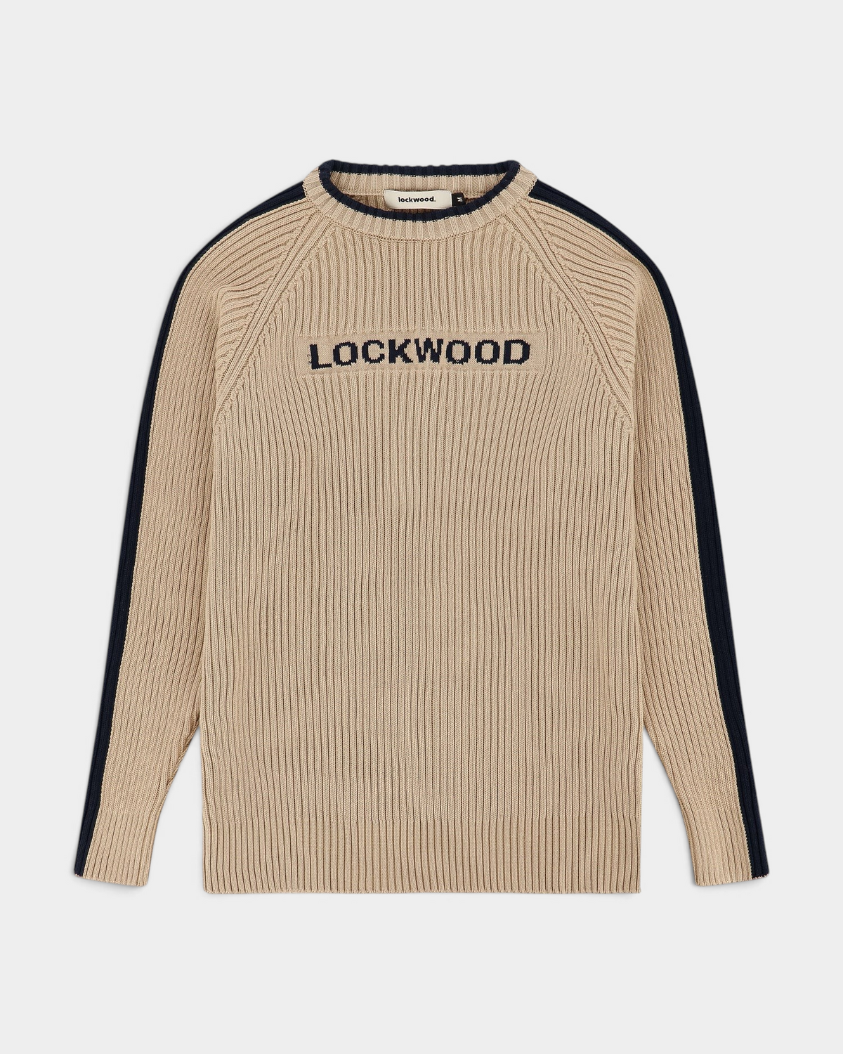 Lockwood Avenue Y2K rib knit cotton sweater in beige with navy blue logo and sleeve stripe details.