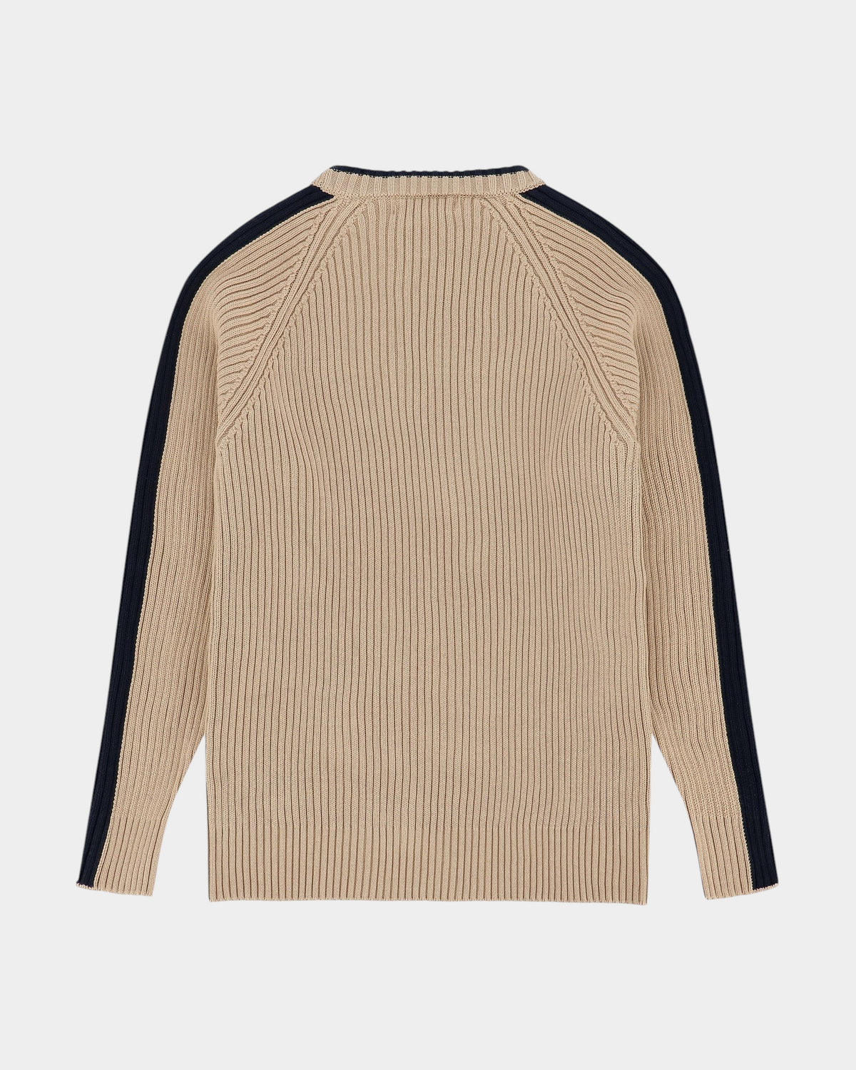 Back view of a Lockwood Avenue beige rib knit sweater with navy blue sleeve stripes and ribbed collar and hem.