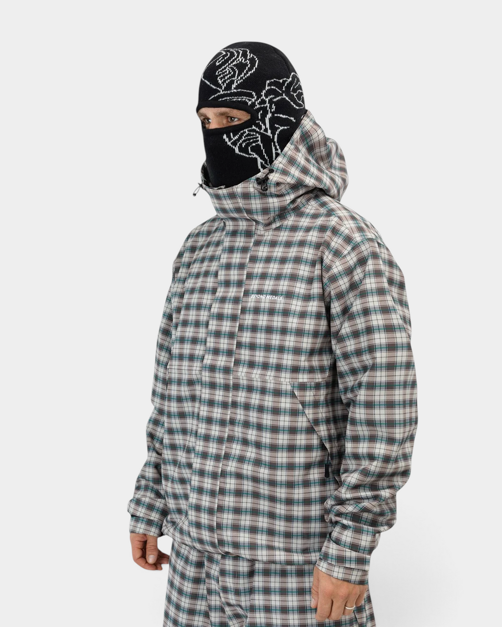 Lockwood Avenue Beyond Medals black acrylic balaclava with white jacquard angel design worn by a model