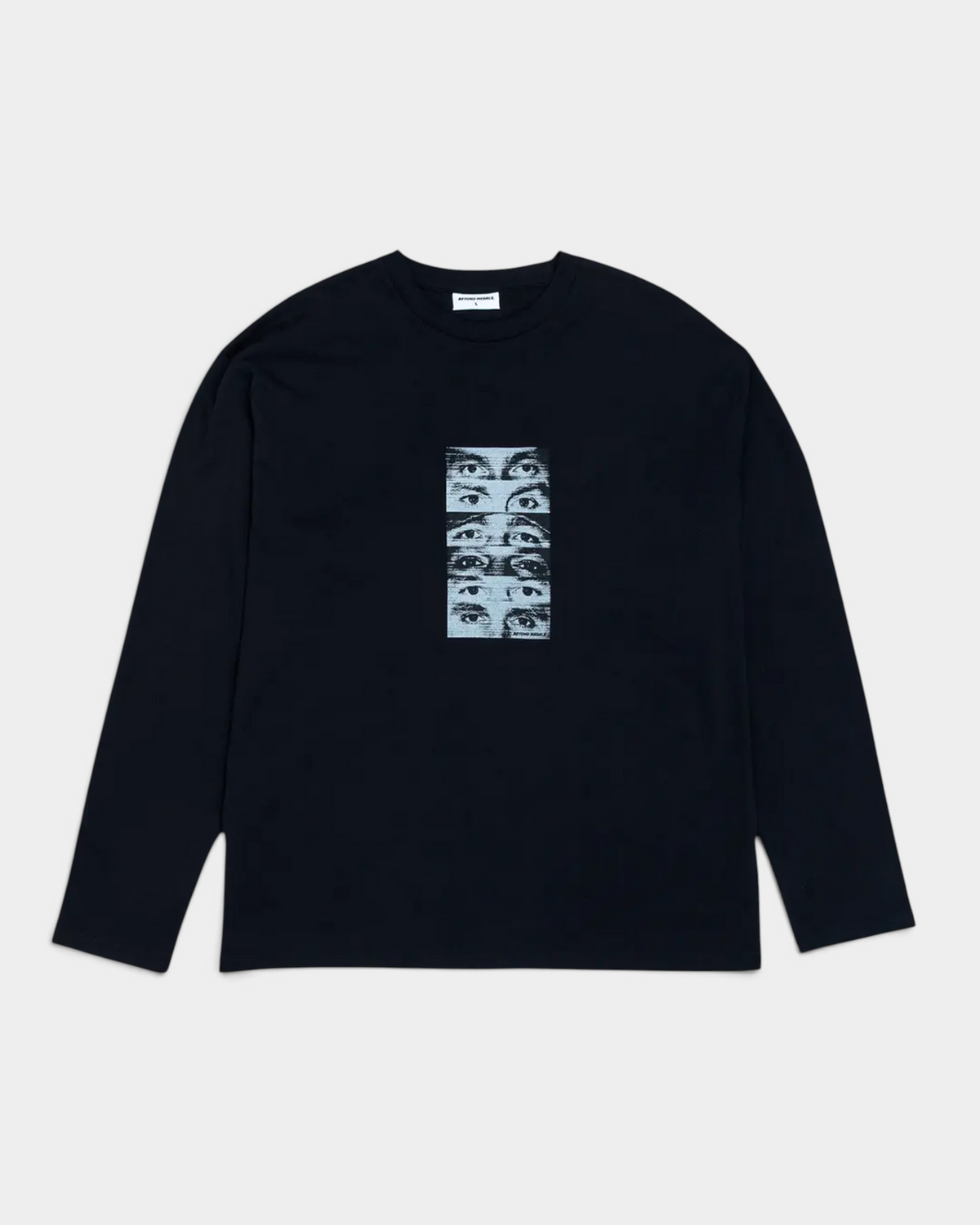 Lockwood Avenue Beyond Medals black long-sleeve cotton t-shirt with a halftone eyes graphic print on the chest.