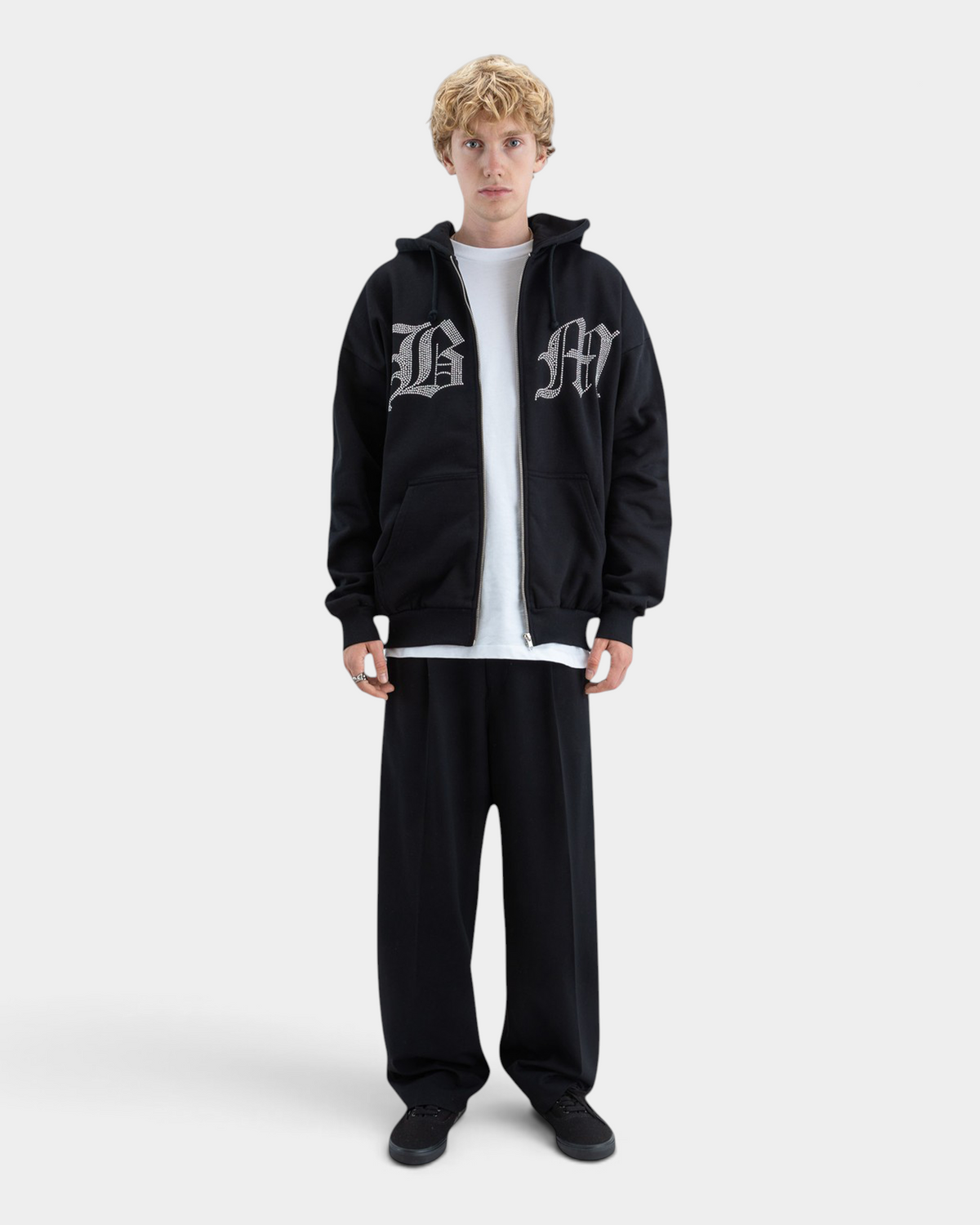 Lockwood Avenue Beyond Medals black heavyweight cotton zip hoodie with rhinestone Old English BM chest logo