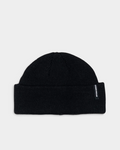 Lockwood Avenue Beyond Medals black rib knit short-fit beanie with a folded cuff and small woven logo tab.