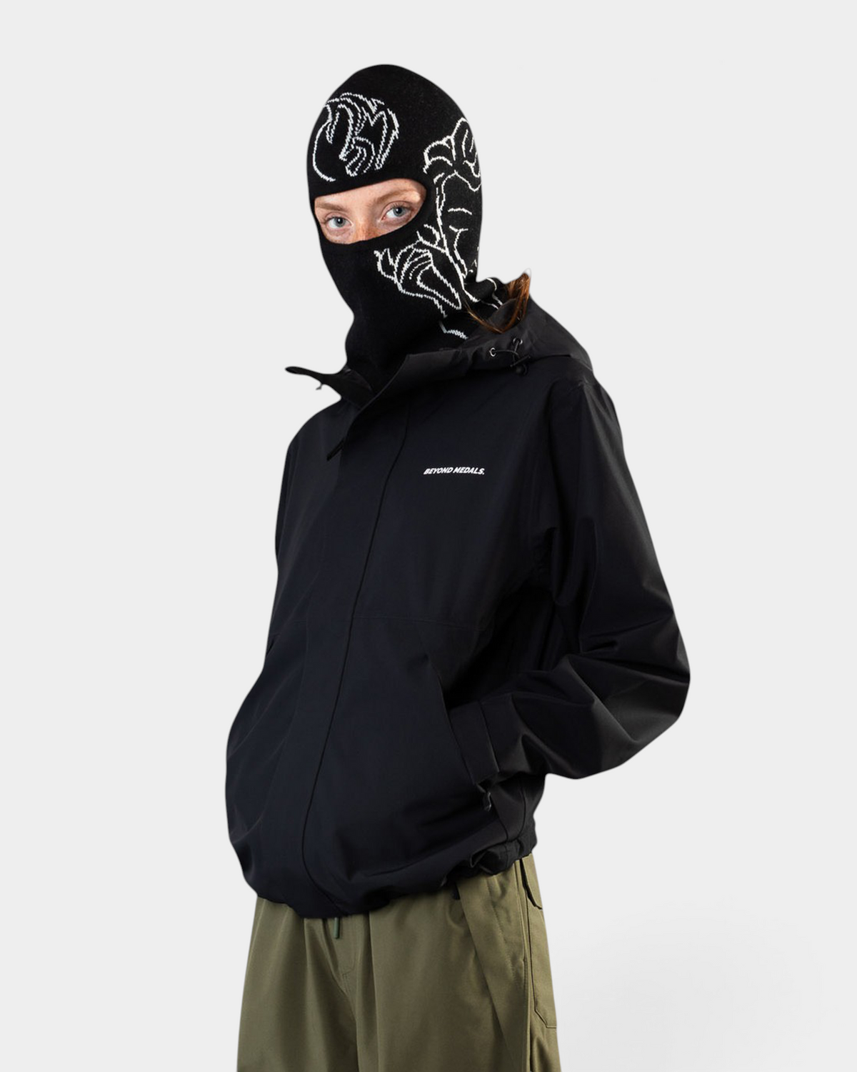 Lockwood Avenue Beyond Medals black acrylic jacquard knit balaclava with white line-drawn angel artwork