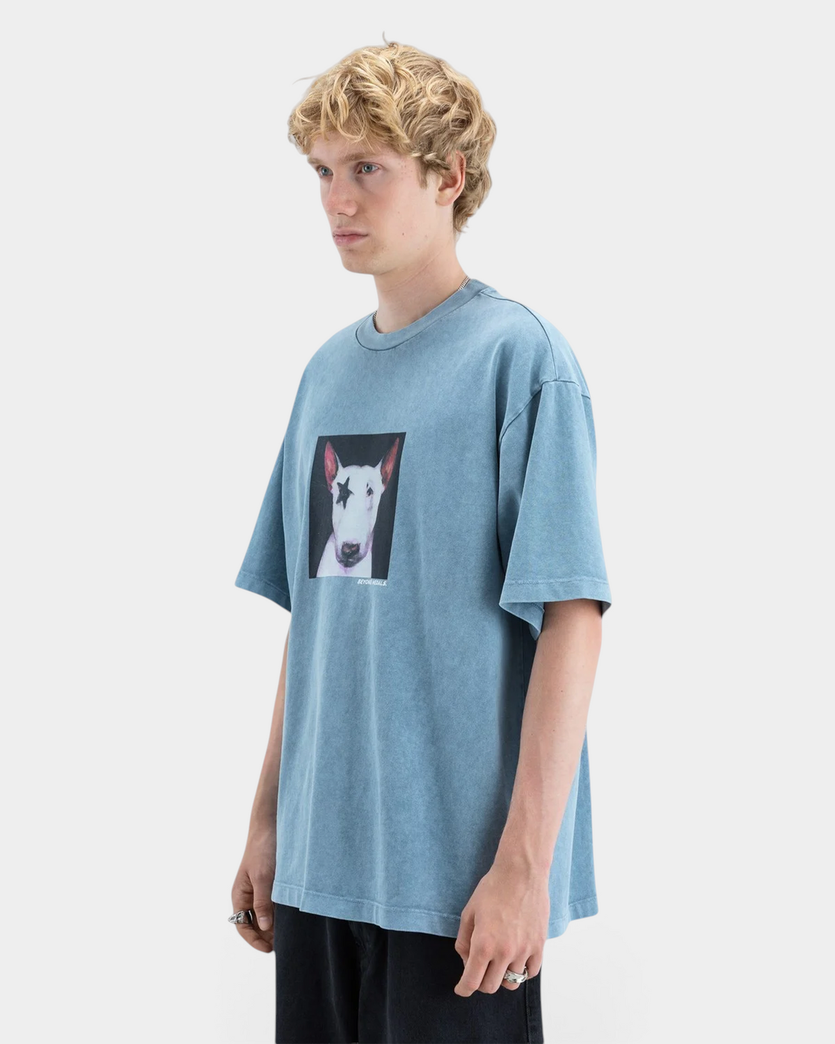 Lockwood Avenue Beyond Medals slate blue acid-washed cotton t-shirt with bull terrier star graphic on chest