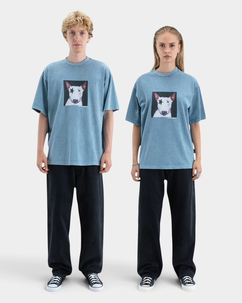 Lockwood Avenue Beyond Medals slate blue acid-washed cotton t-shirt with a bull terrier graphic print