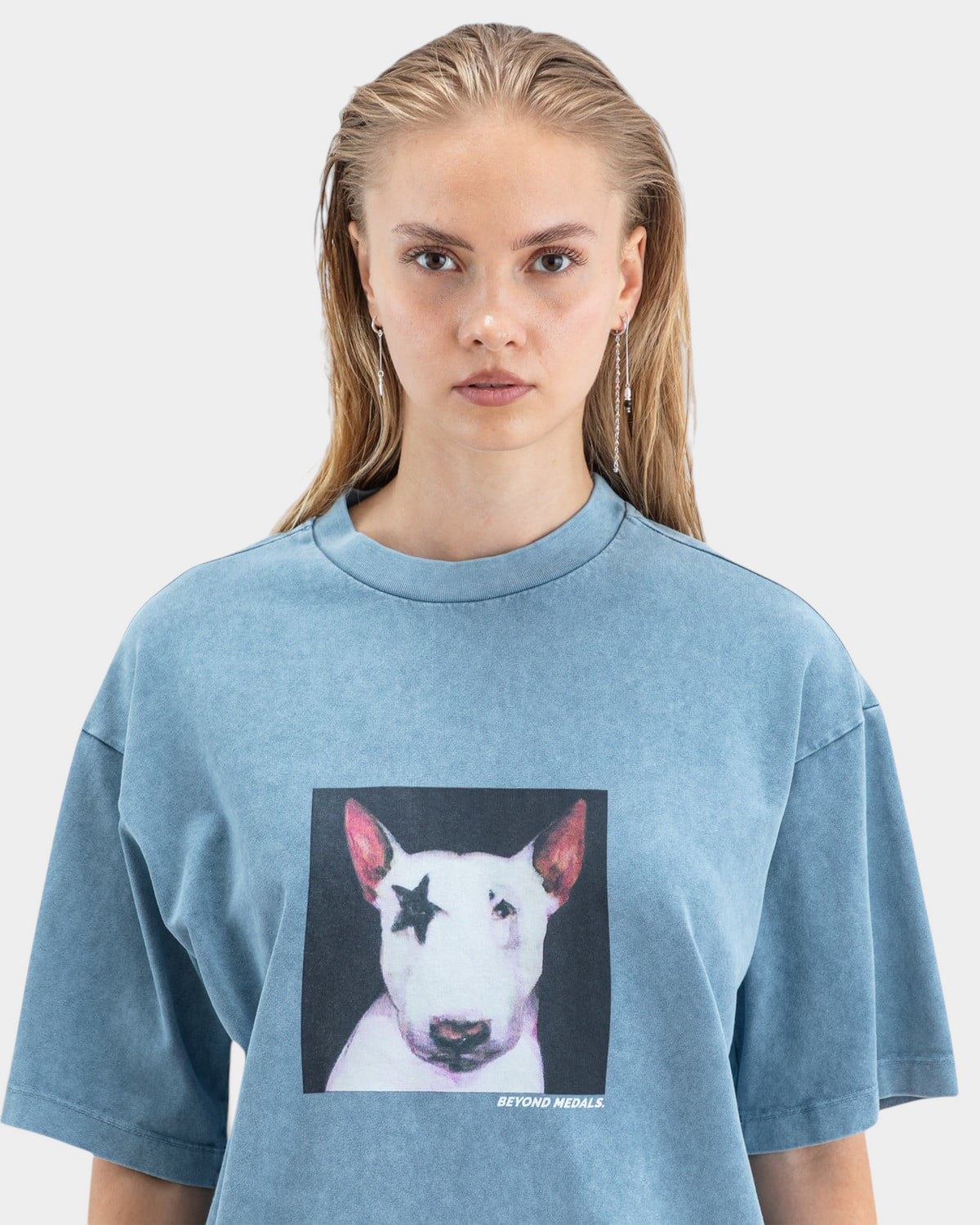 Lockwood Avenue Beyond Medals slate blue acid-washed cotton t-shirt with a bull terrier star graphic print.