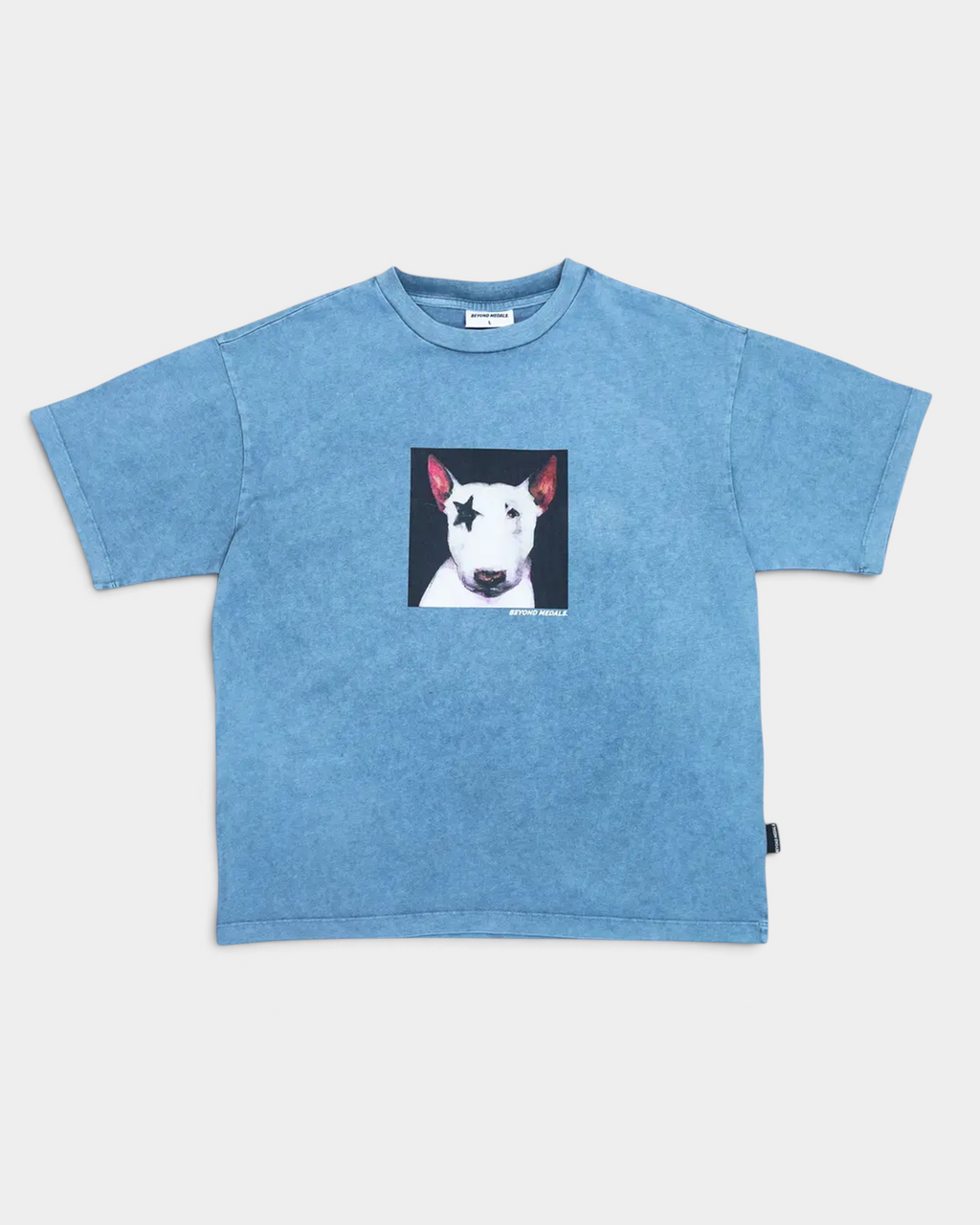 Lockwood Avenue Beyond Medals Star Tee in slate blue acid-washed cotton with a bull terrier graphic chest print.