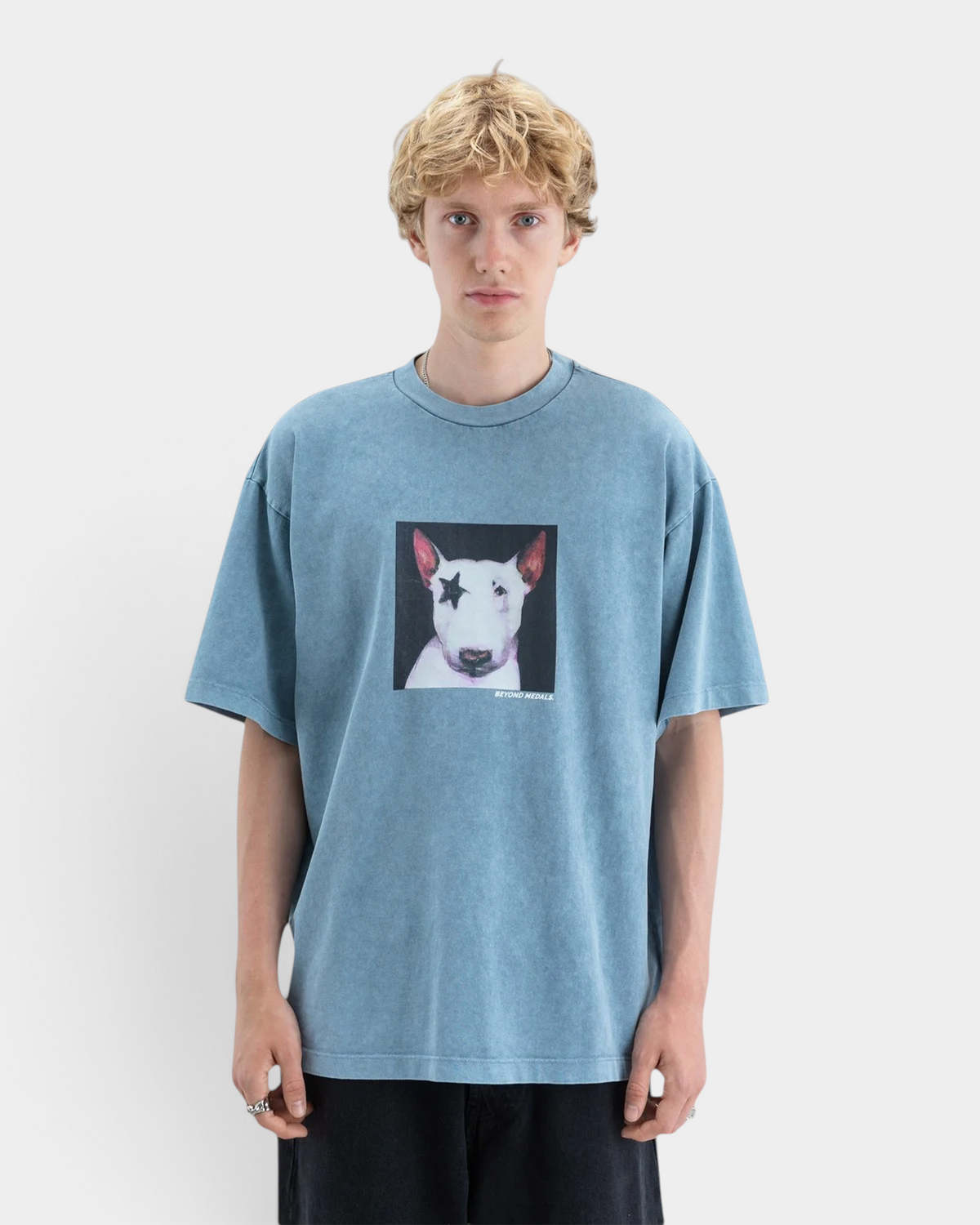 Lockwood Avenue Beyond Medals Star Tee in slate blue acid-washed cotton with a bull terrier graphic print.