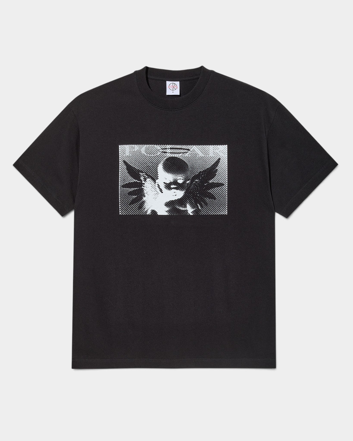 Lockwood Avenue black cotton t-shirt with a white screen-printed angel graphic, ribbed crew neck, and regular fit.