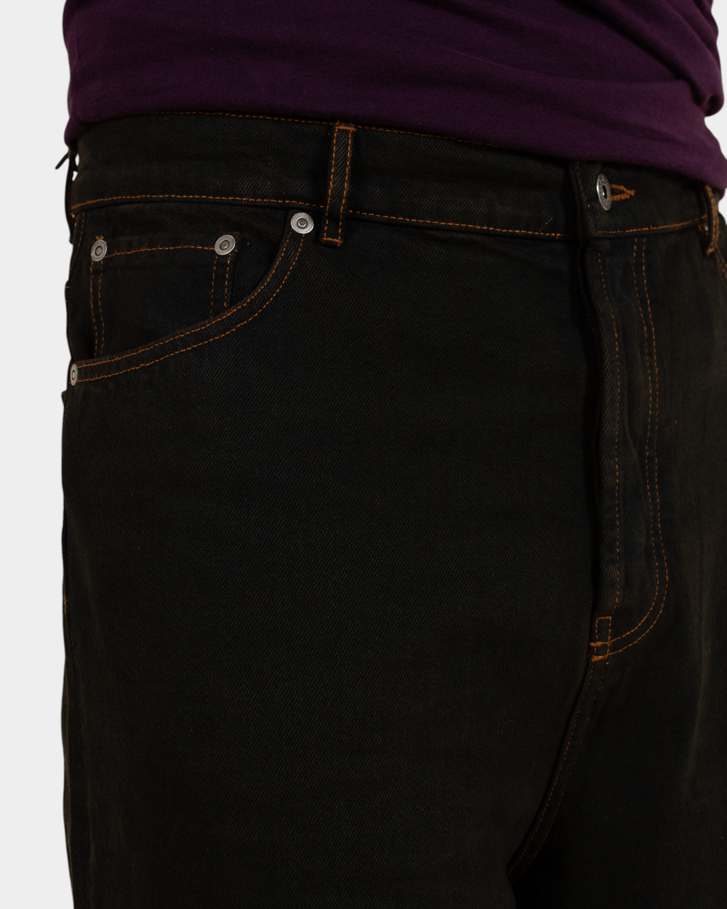 Lockwood Avenue baggy jeans in black overdye cotton with contrast orange stitching and button fly detail