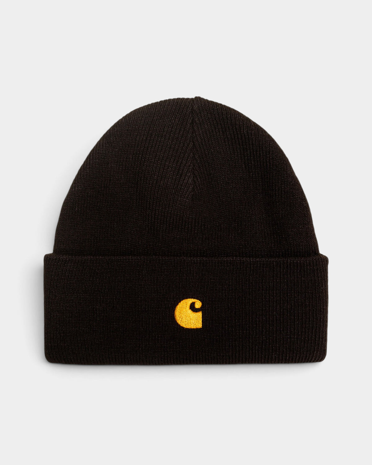 Lockwood Avenue black Carhartt Chase beanie in rib knit acrylic with a gold embroidered C logo on the cuff