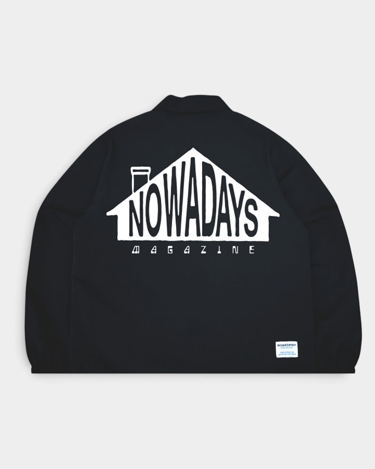 Lockwood Avenue Nowadays Magazine black coach jacket with large white house graphic on the back and cuff logo patch