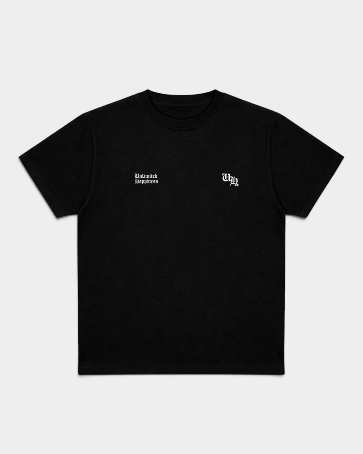 Lockwood Avenue Nowadays Magazine black cotton t-shirt with white Unlimited Happiness chest print and ribbed collar