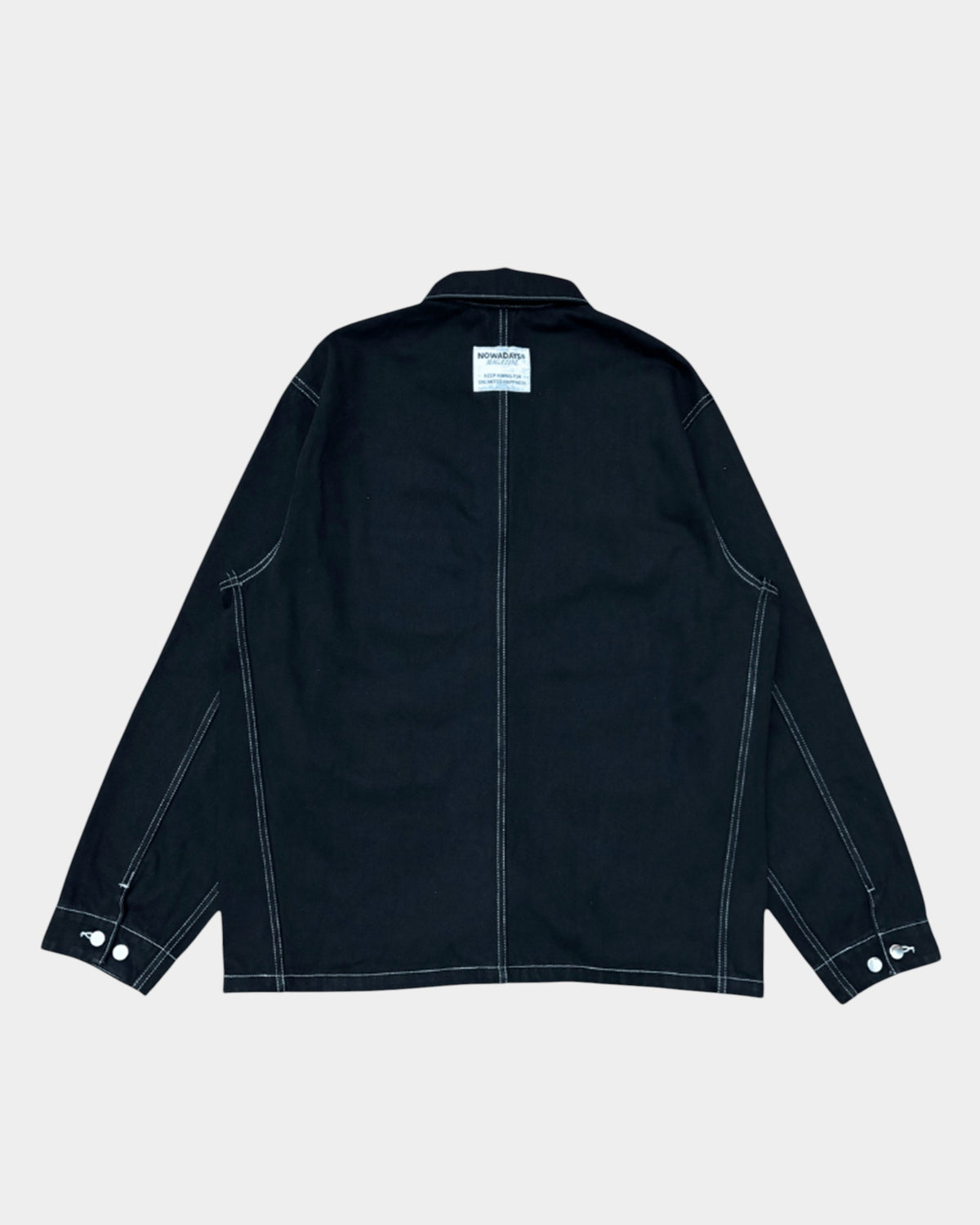 Lockwood Avenue Nowadays Magazine black denim chore jacket with white contrast stitching, back view