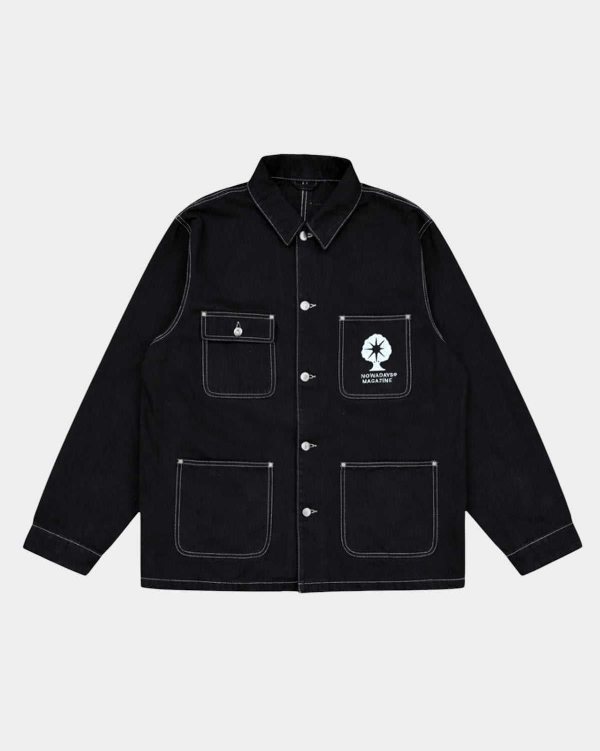 Lockwood Avenue black cotton denim chore jacket with white contrast stitching and Nowadays Magazine tree logo print.