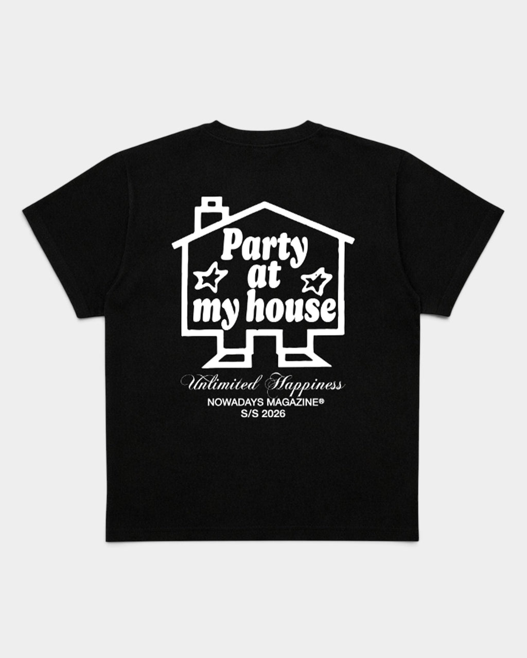 Lockwood Avenue black cotton t-shirt with white back graphic featuring a house outline and Party at my house text.