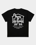 Lockwood Avenue black cotton t-shirt with white back graphic featuring a house outline and Party at my house text.