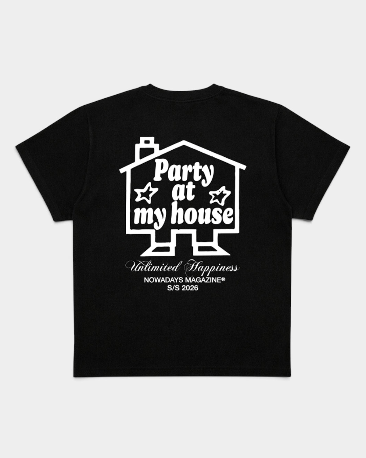 Lockwood Avenue black cotton t-shirt with white back graphic featuring a house outline and Party at my house text.