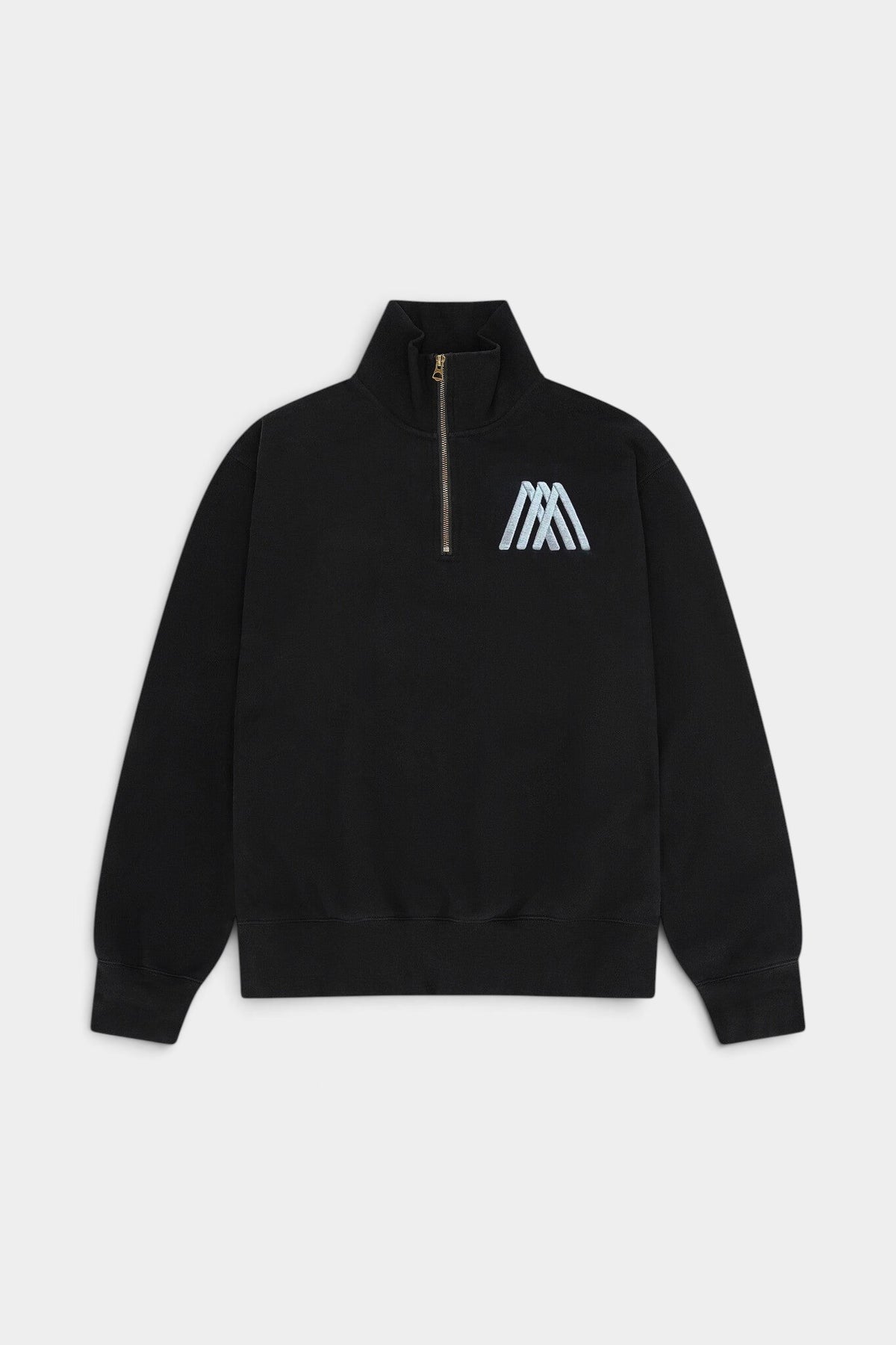 Lockwood Avenue After Midnight black heavyweight half-zip sweatshirt with light blue embroidered logo on chest