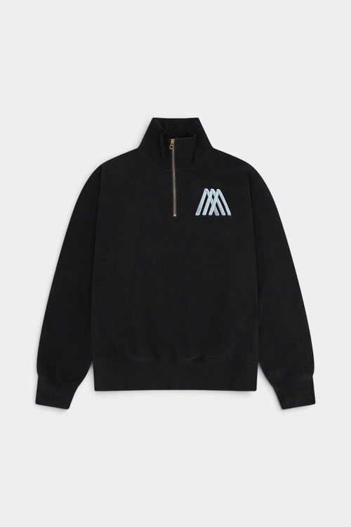 Lockwood Avenue After Midnight black heavyweight half-zip sweatshirt with light blue embroidered logo on chest