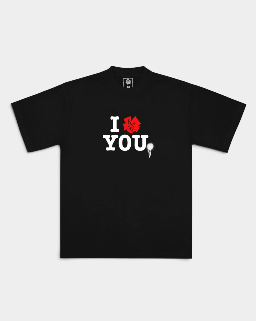 Lockwood Avenue black heavyweight cotton t-shirt featuring a red graffiti heart and white I YOU text print