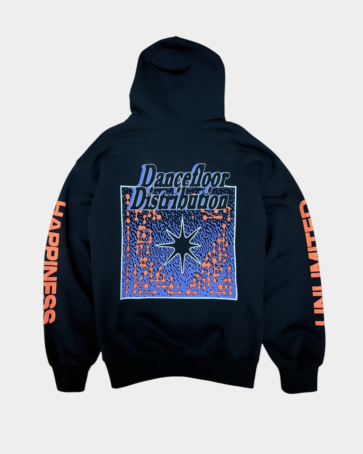 Lockwood Avenue black pullover hoodie with Dancefloor Distribution back graphic and orange sleeve text details
