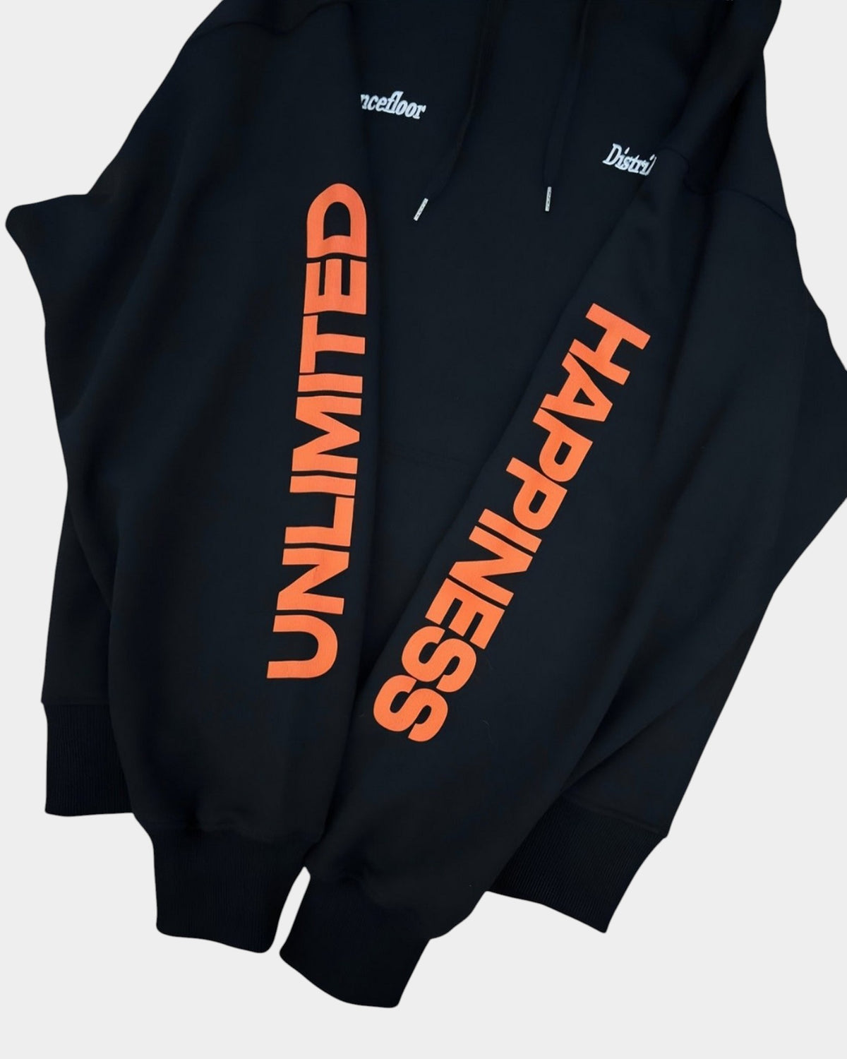 Lockwood Avenue black pullover hoodie with orange Happiness and Unlimited sleeve text and ribbed trims
