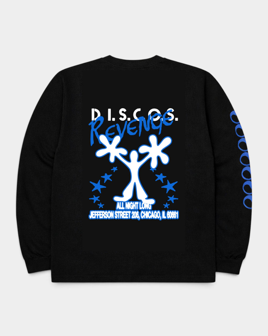 Lockwood Avenue black long-sleeve cotton t-shirt featuring a blue and white graphic back print of a dancing figure.